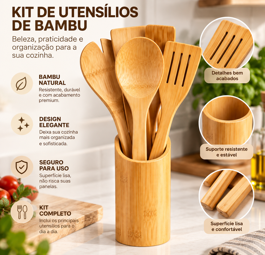 Kit de Utensílios de Bambu para Cozinha | 4 Peças